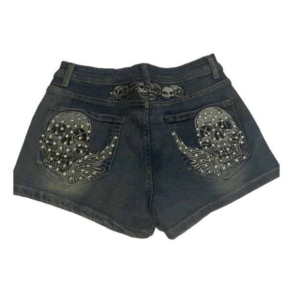 Blue skull denim shorts