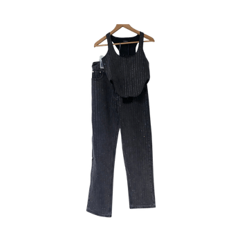 black rhinestone denim corset top and pants