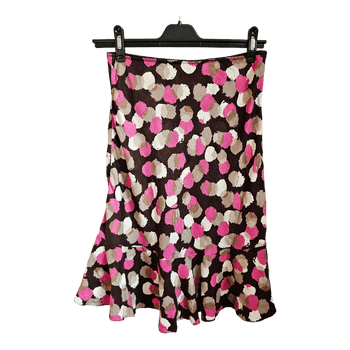HOBBS 100% linen midi skirt UK12 M brown pink floral mermaid office summer capsule chic