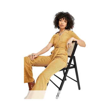 Tan cord short sleeve jumpsuit