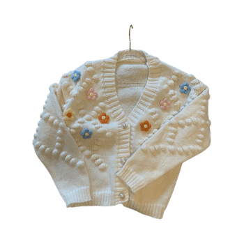 3D flower thick cardigan with pompoms 45% wool