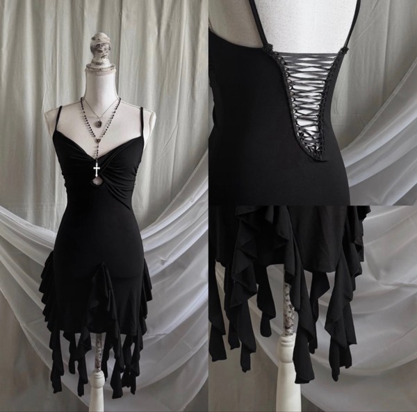 Black ruffle lace up dress alternative grunge