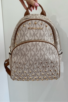 MICHAEL KORS Medium ABBEY STUDDED LOGO Signature Vanilla Canvas Backpack IVORY