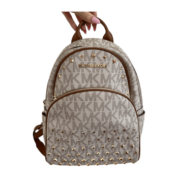 MICHAEL KORS Medium ABBEY STUDDED LOGO Signature Vanilla Canvas Backpack IVORY