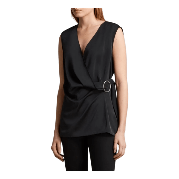 AllSaints Cati Wrap Top Black Sleeveless Size XS Minimalist Belted Blouse