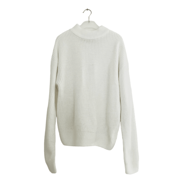 White ribbed mock neck sweater