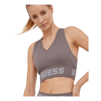 GUESS Seamless Sports Bra Crop Top Taupe Ribbed Logo Band Size M/L