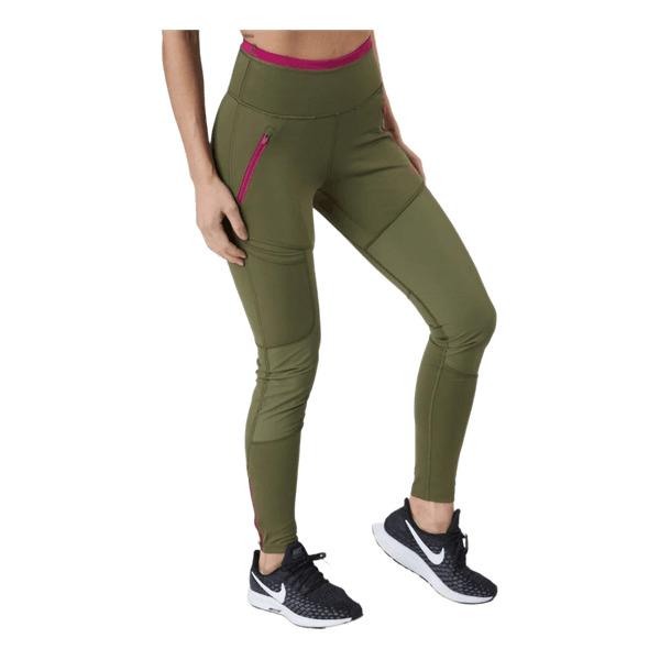 KARI TRAA Sanne Tights Tweed Women's S Olive Green Pink Hiking Leggings Zip