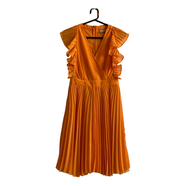 ASOS Orange Pleated Ruffle Sleeve Open Back Midi Dress UK 8 EU 36 Party Occasion