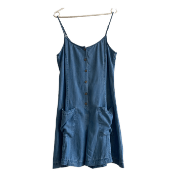 Esprit Denim Look Playsuit Romper XL Blue 100% Cotton Tie Waist Summer Pockets