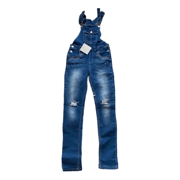 Blue denim dungarees with pearls