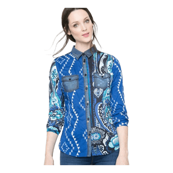 Desigual Boho Western Tribal Shirt with Denim Details Size M