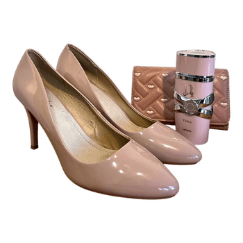 Beige patent pumps