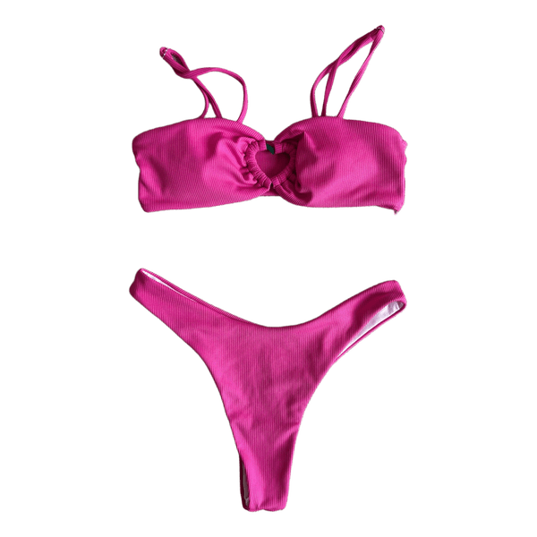 Pink ribbed bikini set with sarong