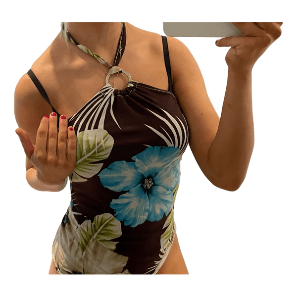 Tropical print halter swimsuit
