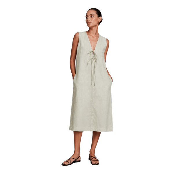 Green linen midi dress