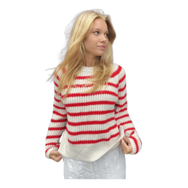 Rød og hvid strikket pullover