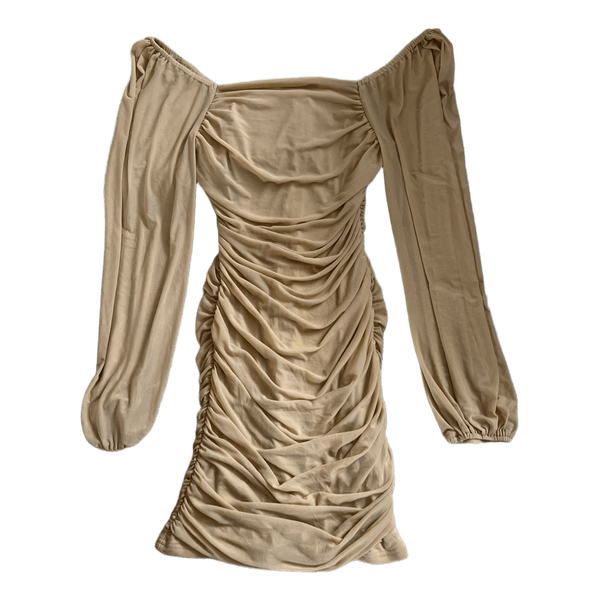 Beige ruched mini dress