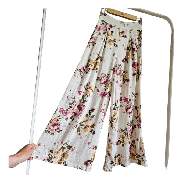 Dotti Floral Linen Blend Wide Leg Palazzo Pants S Boho Cottagecore Viscose Summer EU36