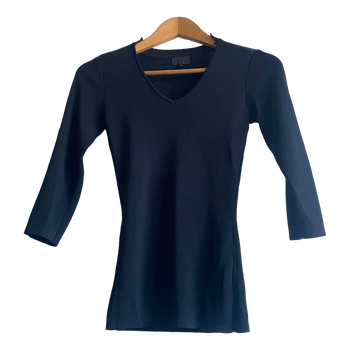 Seven Sisters Black Knit Top Size XS V Neck 3/4 Sleeve Minimalist Fitted
