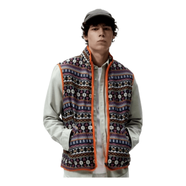 ZARA Men's Jacquard Tapestry Vest Size M Aztec Geometric Orange Lined Zip