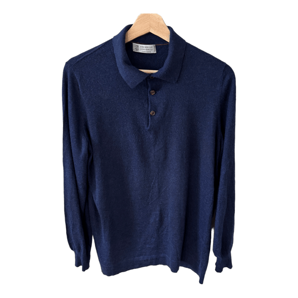 Brunello Cucinelli Cashmere Polo / Herr L–XL – Marinblå Kashmir / Tre Knappar