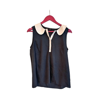 Black sleeveless blouse with white collar