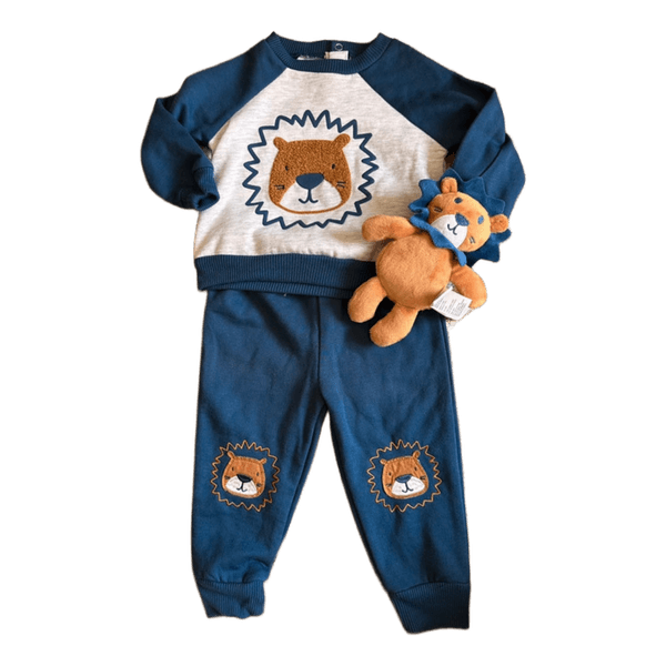 lion print baby boy set with matching toy