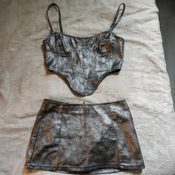Silver metallic corset & miniskirt set 