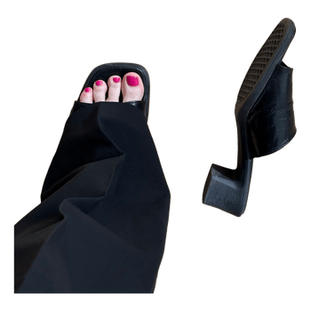 Black leather block heel mules