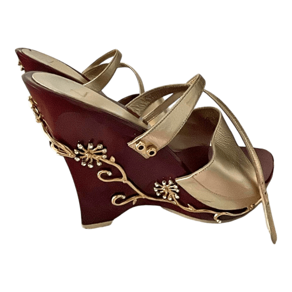Burgundy gold wedge sandals