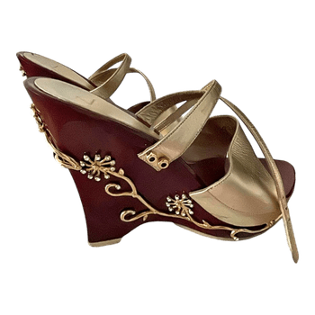 Burgundy gold wedge sandals