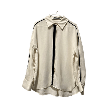 Zara Basic Cream Blouse M Velour Trim Pearl Buttons Elegant Shirt Minimalist