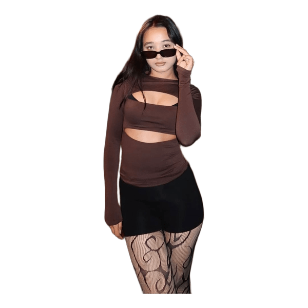 Brown cut-out long-sleeve top