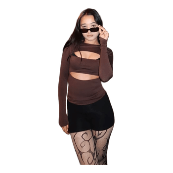 Brown cut-out long-sleeve top