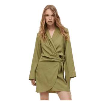 H&M Olive Green Wrap Dress Linen Blend XL Tie Waist Long Sleeve Midi Dress