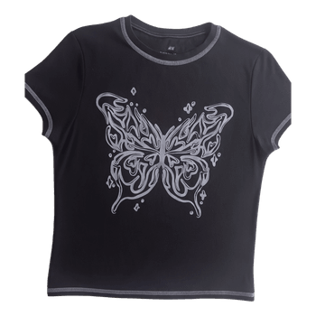 Musta perhoskuvioitu t-paita