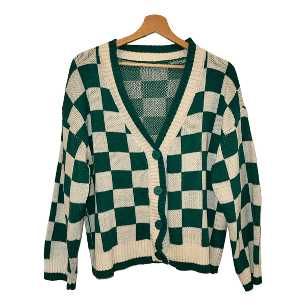 Green and white checkered cardigan