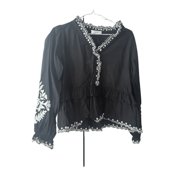 Sort bomuldsbluse med broderi