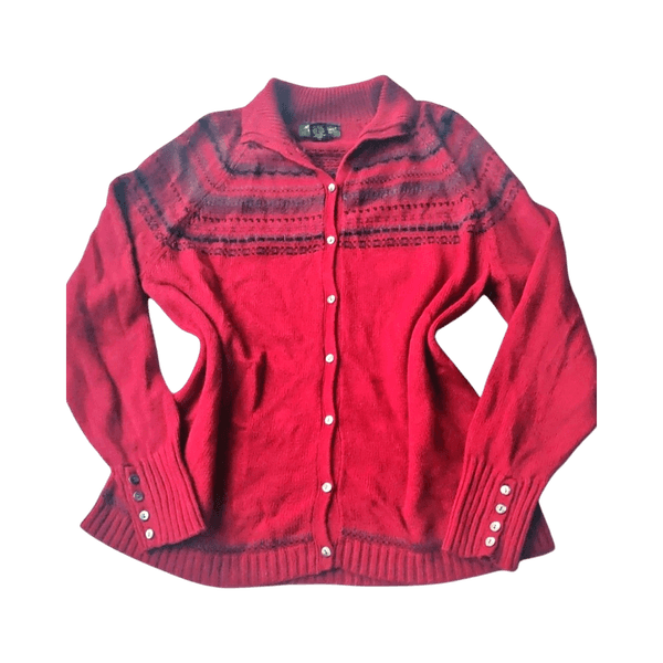 Eddie Bauer Fair Isle Cardigan - Cotton Angora Blend - Red - L/XL