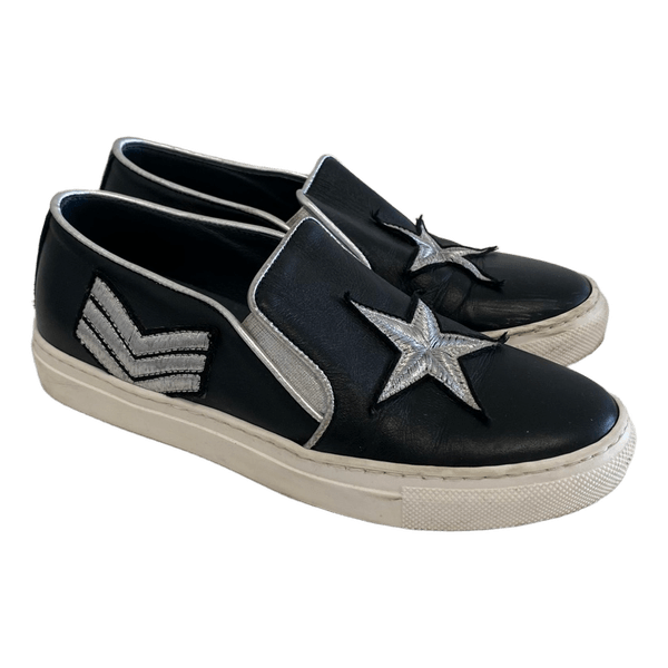 George J. Love Made in Italy Leather Slip On Star Sneakers Black Silver Size 37