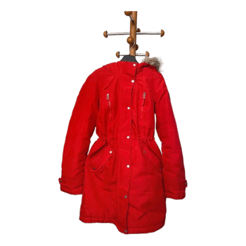 Red hooded parka jacket