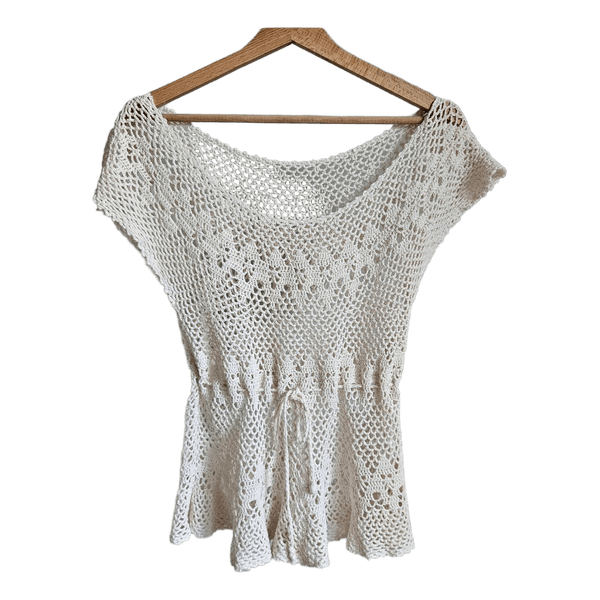 Vintage Crochet Knit Top Ivory S/M Boho Fairycore Cottagecore Festival Beach Cotton Look