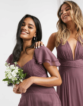 Mauve bridesmaid ruched maxi dress