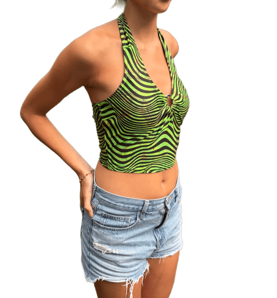 Green zebra print halter top