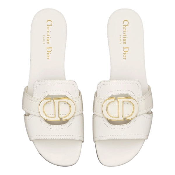 Christian Dior 30 Montaigne slide sandals in white calfskin.