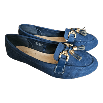 Women loafers moccasins 40 41 navy suede tassel flats comfort casual