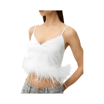 Valkoinen toppi höyhenyksityiskohdilla