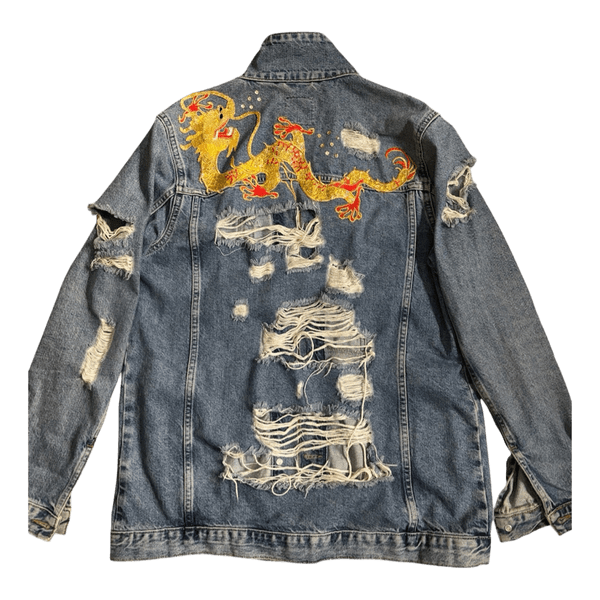 Oversized distressed denim dragon jacket