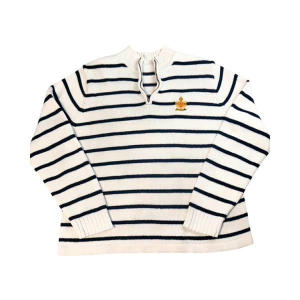 Vintage Striped Quarter Zip Knit Sweater - Preppy White and Black - M/S